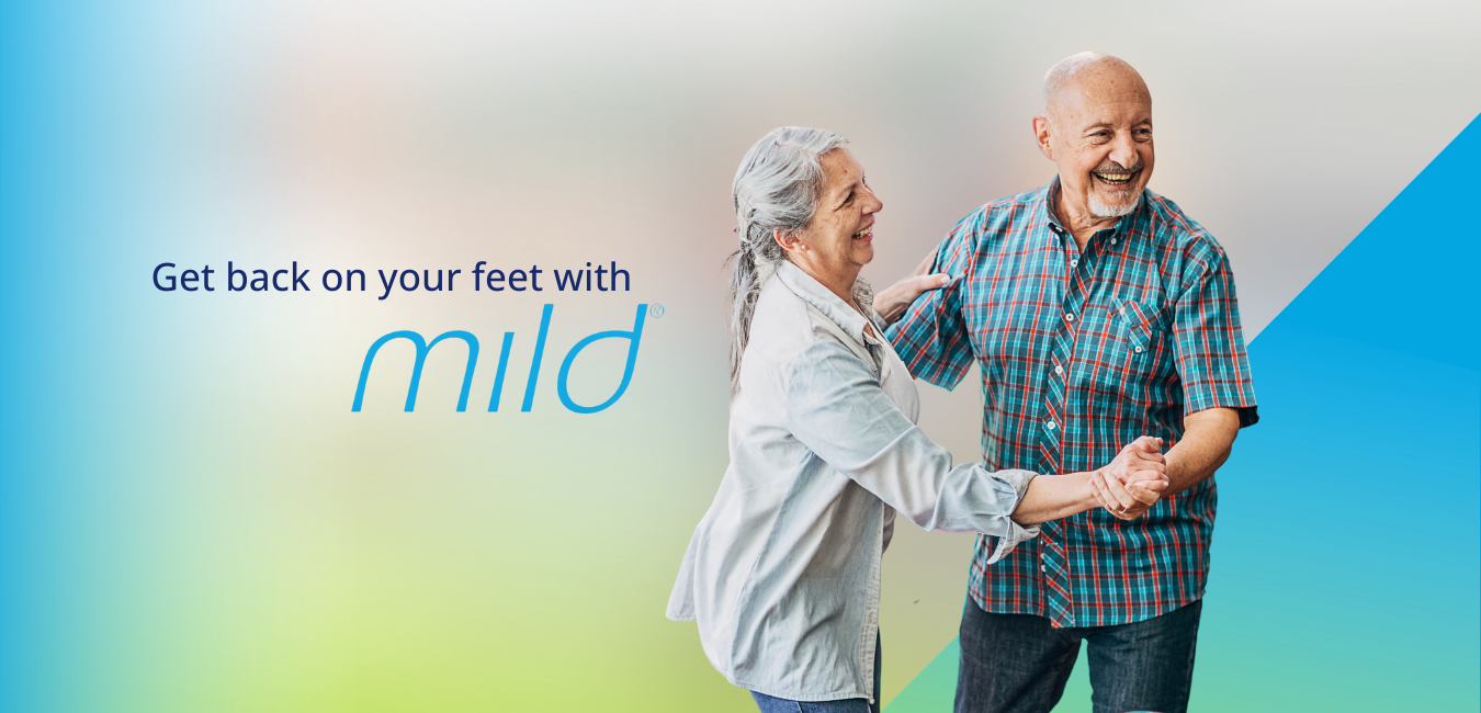 Get Back on Your Feet with Mild advertisement showing an elderly couple happily dancing, pain-free