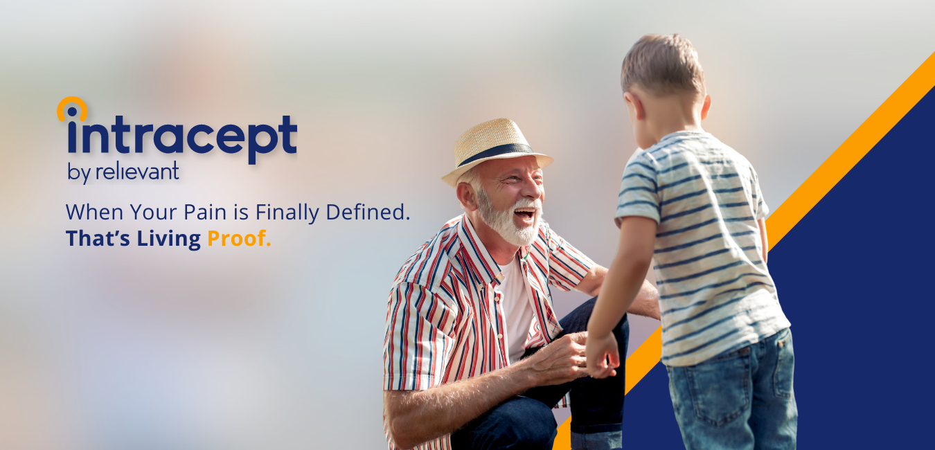 Intracept by Relievant advertisement of a happy, pain-free grandpa playing with his grandson