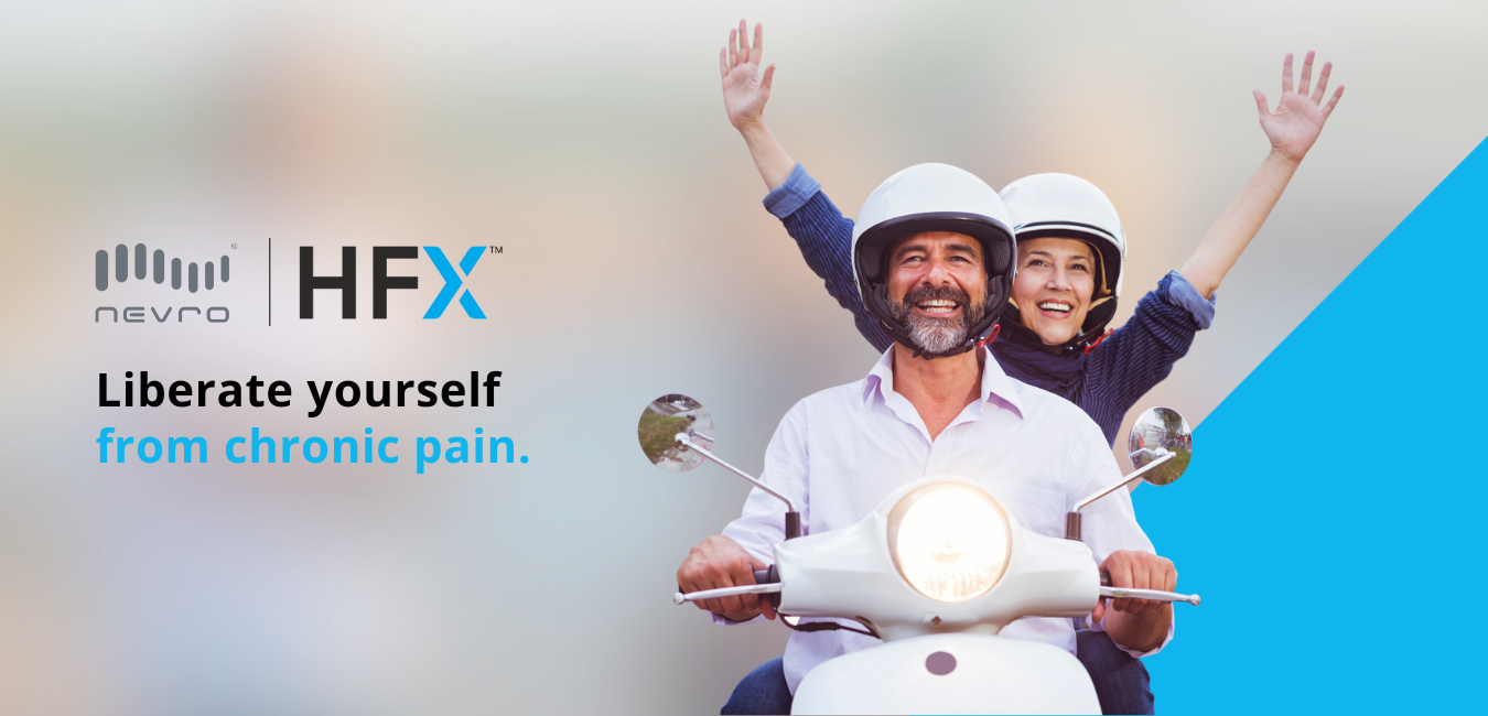 Nevro HFX logo of happy mature couple wearing white helmets and riding a moped, pain free