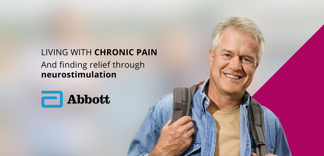 happy middle-aged male patient pain free from neurostimulation with Abbott logo to the left of him